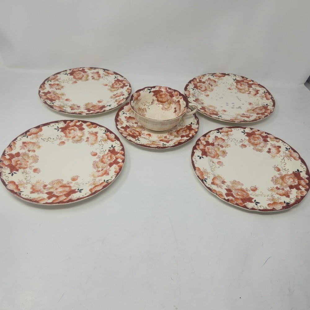 Vintage 1920s Moriyama Mori-machi Japan Orange Floral Teacup Saucer Plates Set